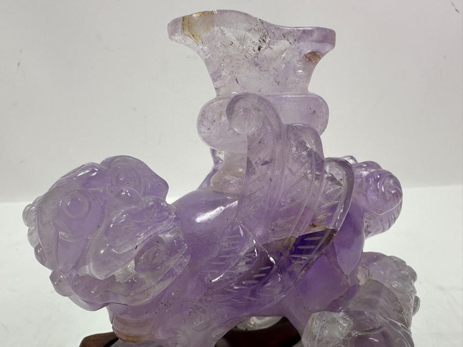 Vintage Chinese Carved Purple Amethyst Foo Dog On Wooden Stand 4H [Photo 3]
