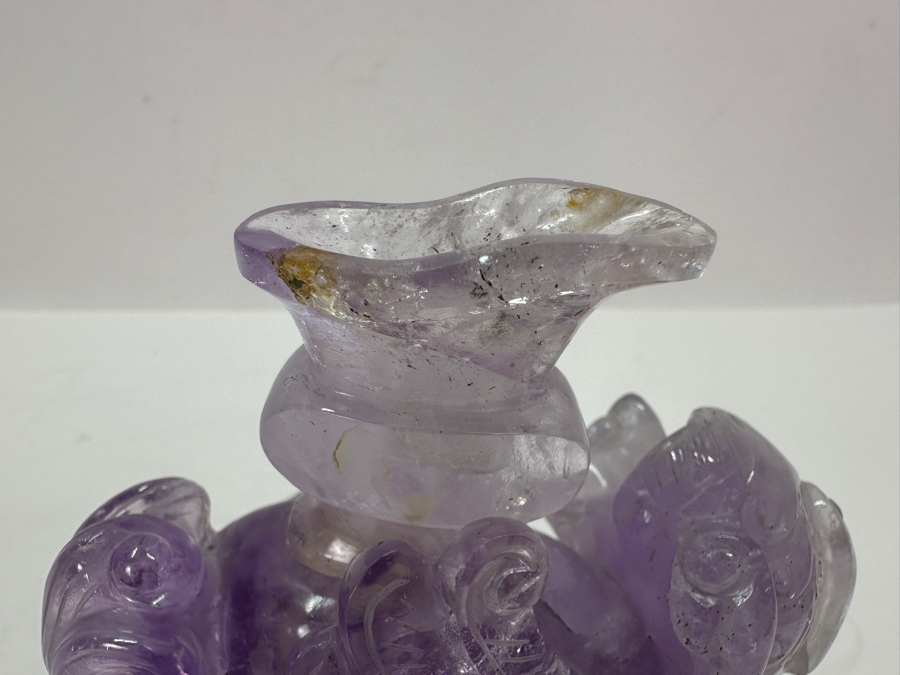 Vintage Chinese Carved Purple Amethyst Foo Dog On Wooden Stand 4H [Photo 6]
