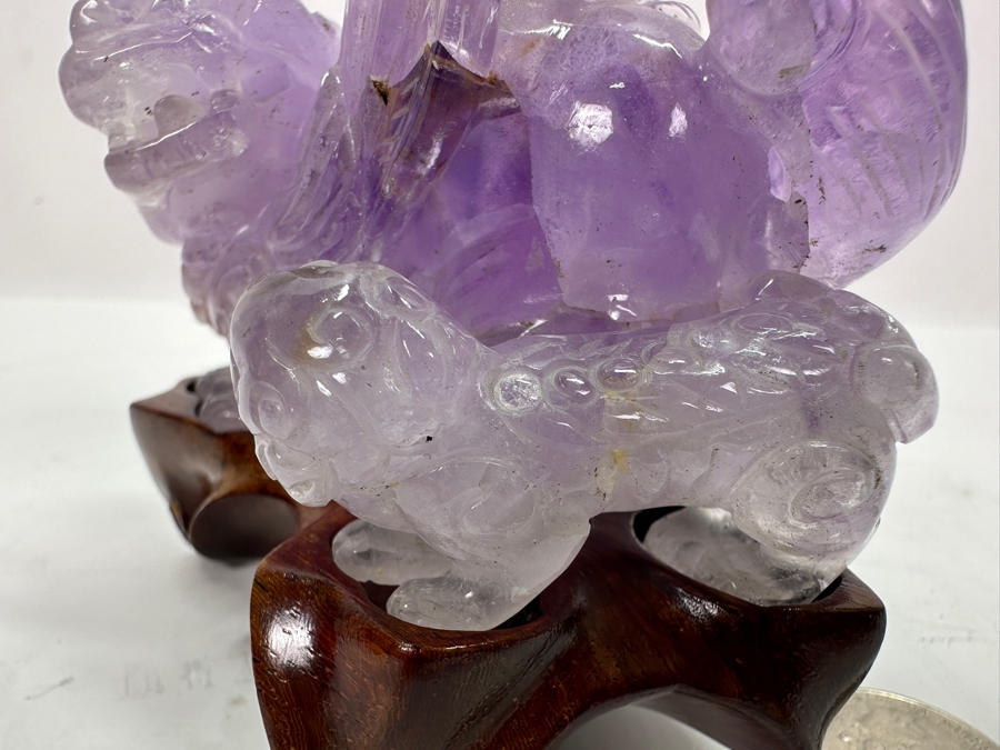 Vintage Chinese Carved Purple Amethyst Foo Dog On Wooden Stand 4H [Photo 9]