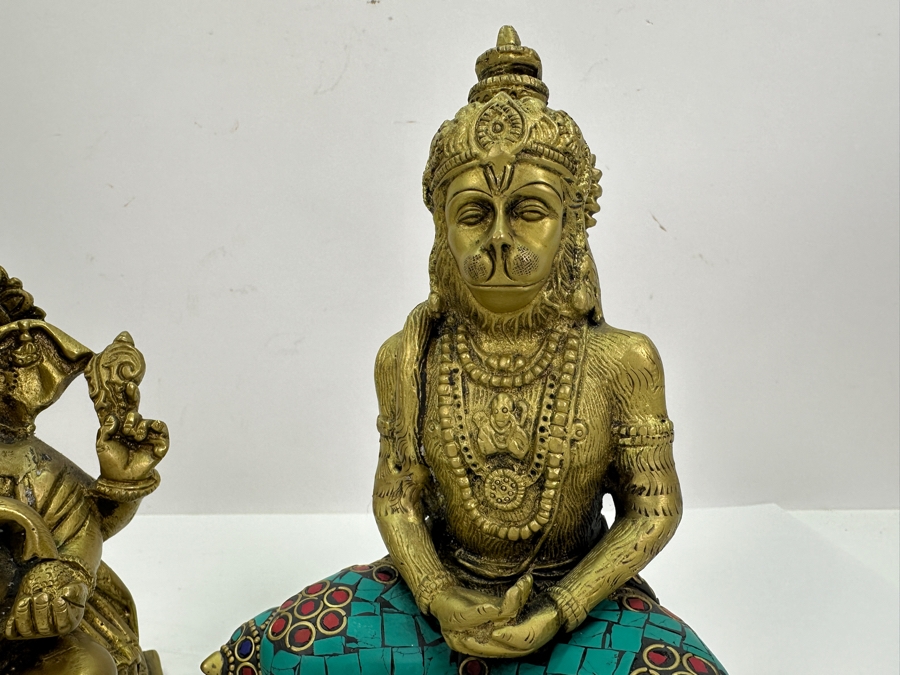 Pair Of Brass Figurines From India: Ganesha 6H & Hanuman 7.5H [Photo 5]