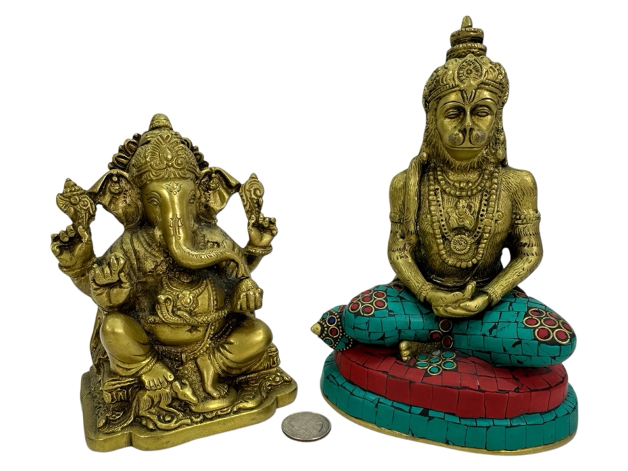 Pair Of Brass Figurines From India: Ganesha 6H & Hanuman 7.5H