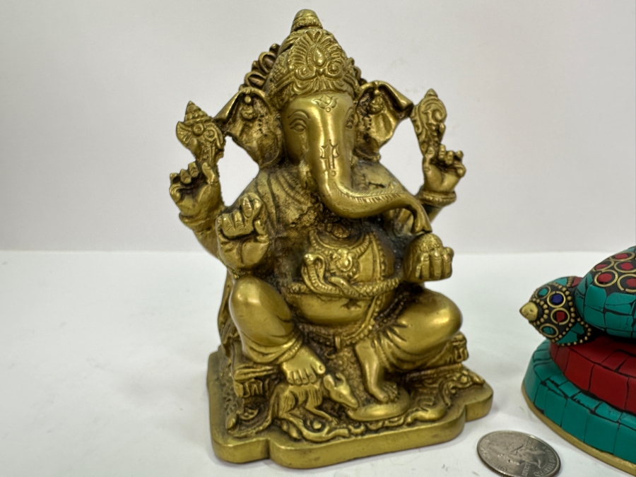Pair Of Brass Figurines From India: Ganesha 6H & Hanuman 7.5H [Photo 2]