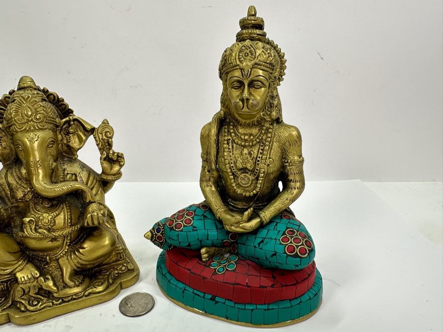 Pair Of Brass Figurines From India: Ganesha 6H & Hanuman 7.5H [Photo 3]