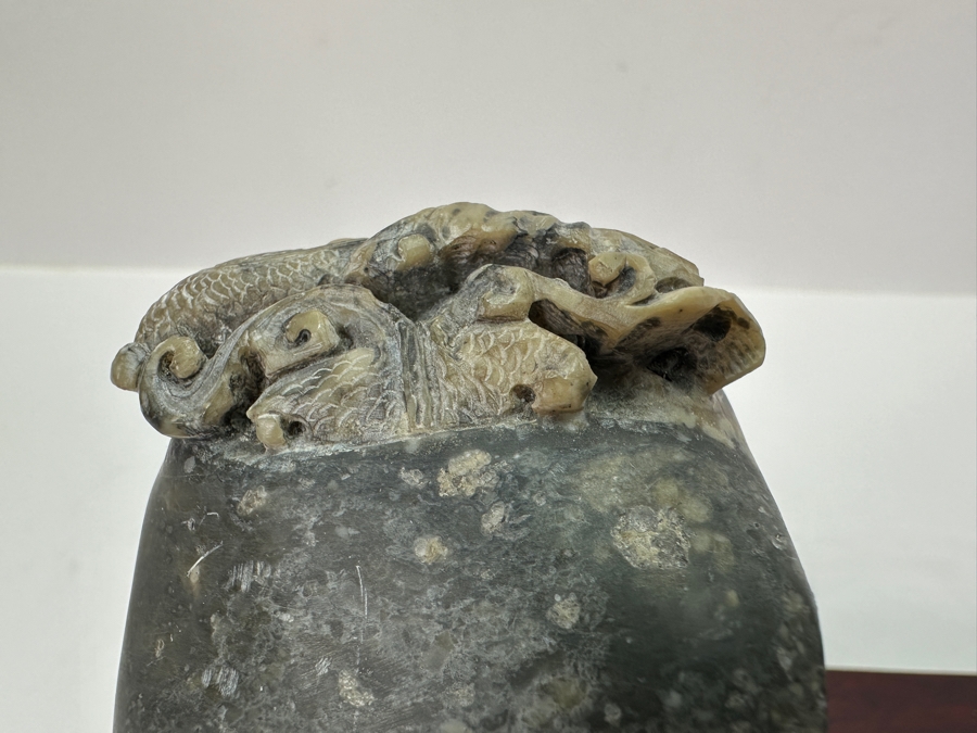 Vintage Asian Metal Foo Dog & Carved Dragon Stone On Wooden Display Stand 8W [Photo 8]