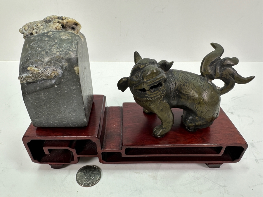 Vintage Asian Metal Foo Dog & Carved Dragon Stone On Wooden Display Stand 8W [Photo 2]