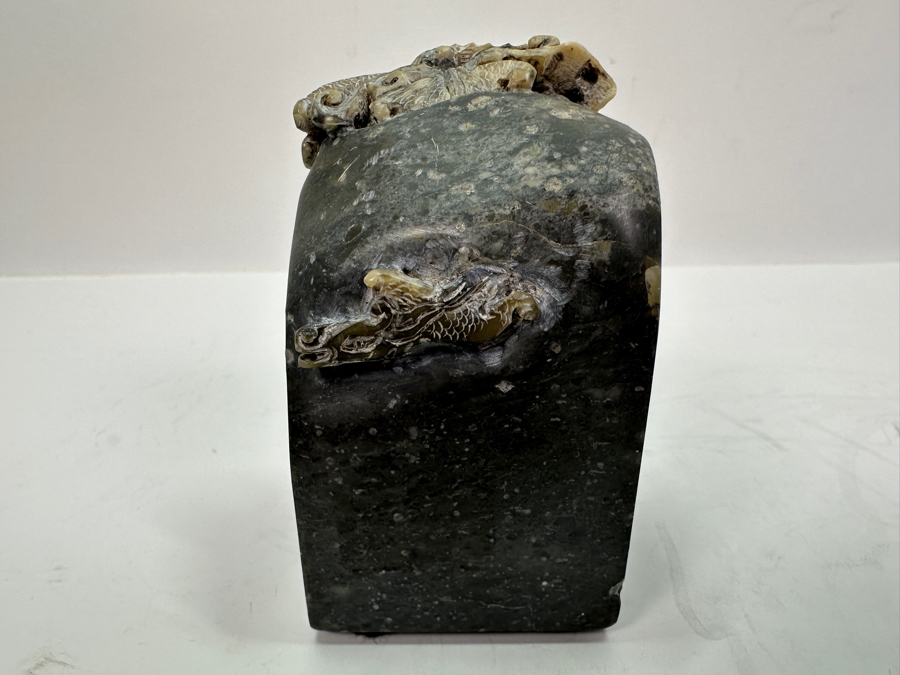 Vintage Asian Metal Foo Dog & Carved Dragon Stone On Wooden Display Stand 8W [Photo 13]