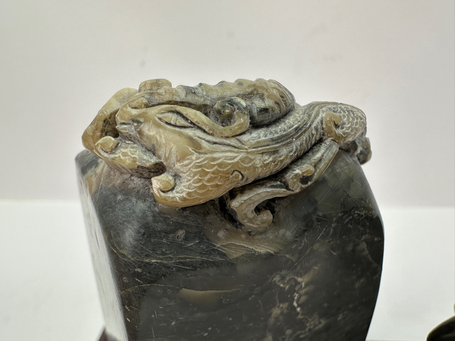 Vintage Asian Metal Foo Dog & Carved Dragon Stone On Wooden Display Stand 8W [Photo 9]