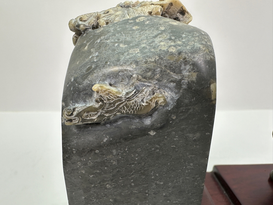 Vintage Asian Metal Foo Dog & Carved Dragon Stone On Wooden Display Stand 8W [Photo 7]