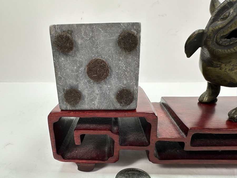 Vintage Asian Metal Foo Dog & Carved Dragon Stone On Wooden Display Stand 8W [Photo 11]