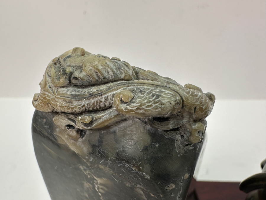 Vintage Asian Metal Foo Dog & Carved Dragon Stone On Wooden Display Stand 8W [Photo 10]