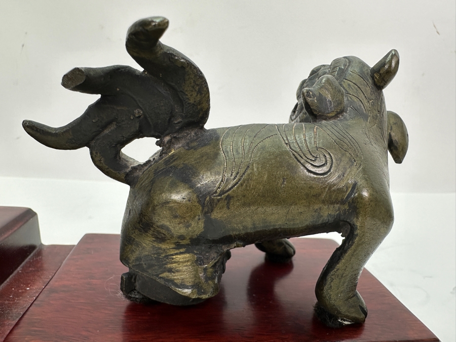 Vintage Asian Metal Foo Dog & Carved Dragon Stone On Wooden Display Stand 8W [Photo 4]