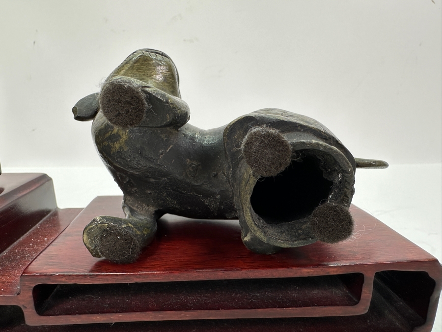 Vintage Asian Metal Foo Dog & Carved Dragon Stone On Wooden Display Stand 8W [Photo 6]