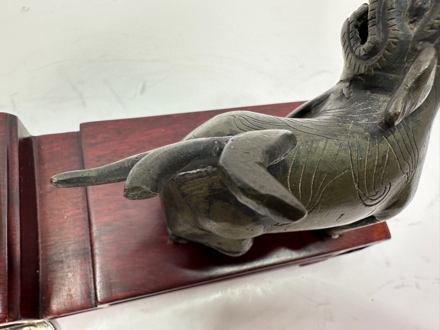 Vintage Asian Metal Foo Dog & Carved Dragon Stone On Wooden Display Stand 8W [Photo 5]