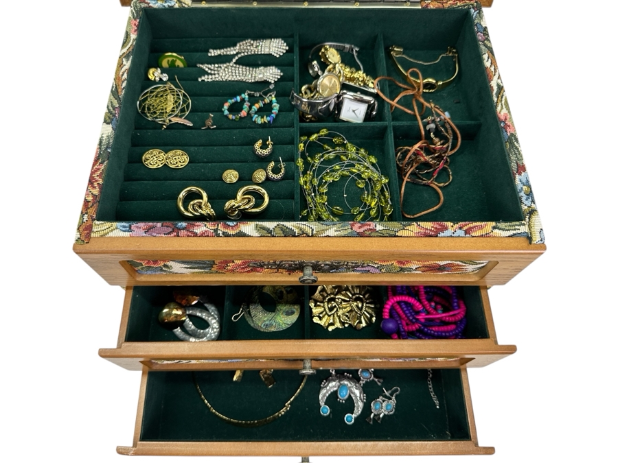 Jewelry Box With Mainly Costume Jewelry 15W X 12D X 11H - See Photos