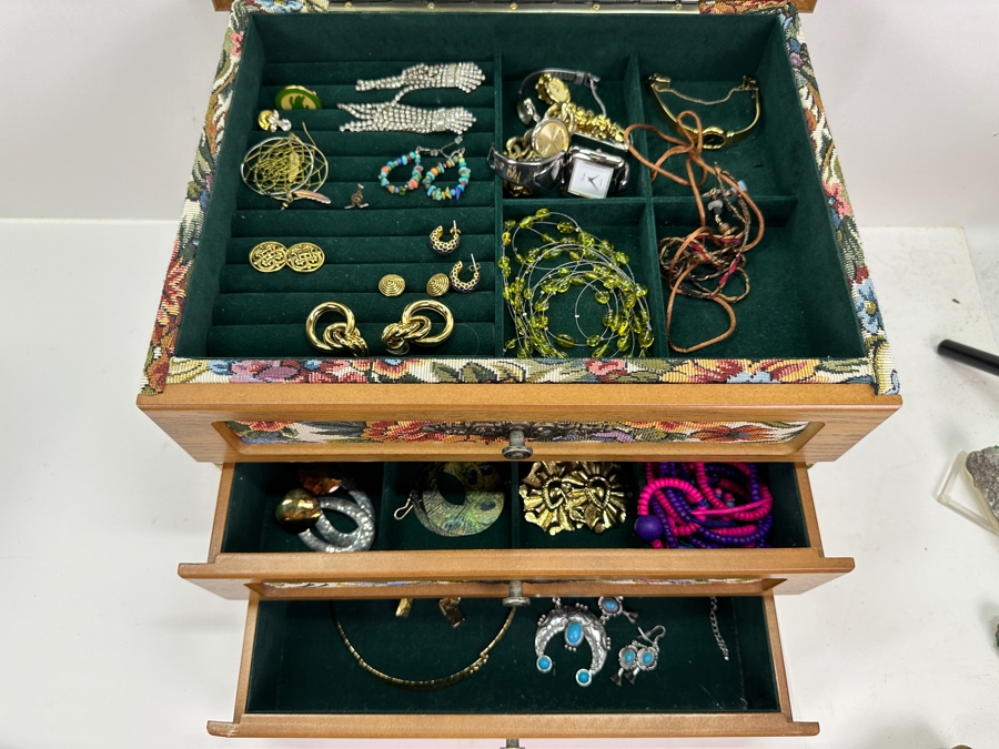 Jewelry Box With Mainly Costume Jewelry 15W X 12D X 11H - See Photos [Photo 3]