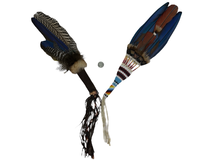 Set Of Feather Fans With Beadwork & Carved Stone Bear