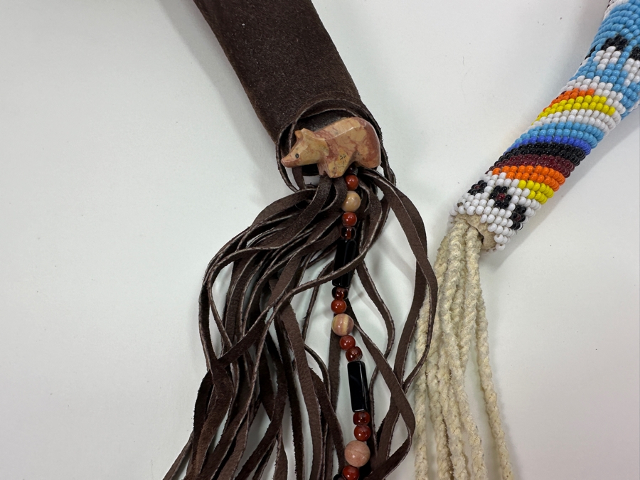 Set Of Feather Fans With Beadwork & Carved Stone Bear [Photo 5]