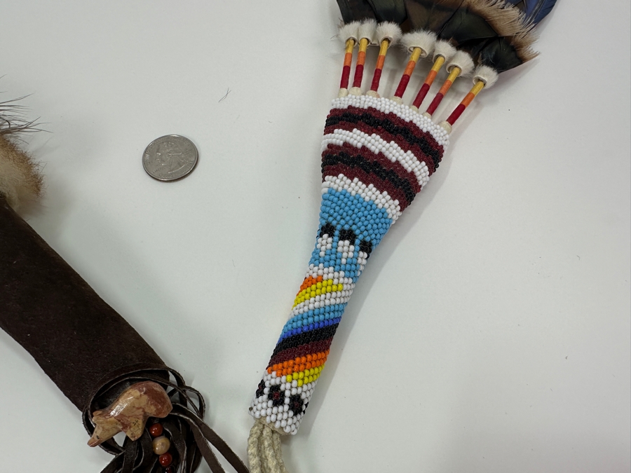 Set Of Feather Fans With Beadwork & Carved Stone Bear [Photo 2]