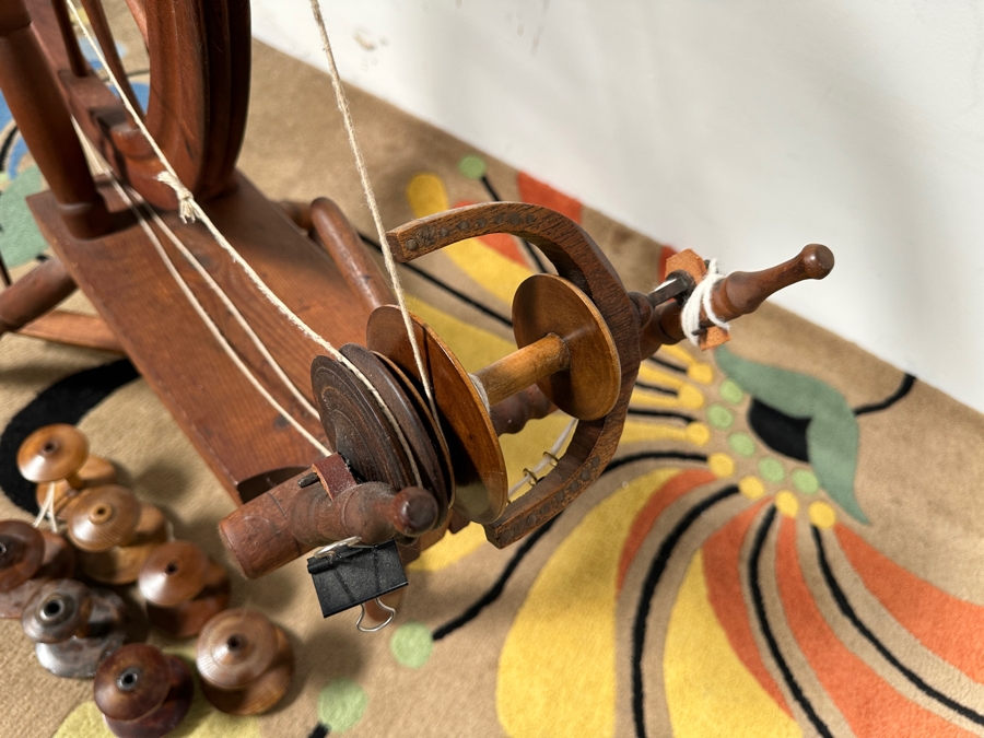 Antique Wooden Spinning Wheel With Multiple Spools 41W X 43H [Photo 4]