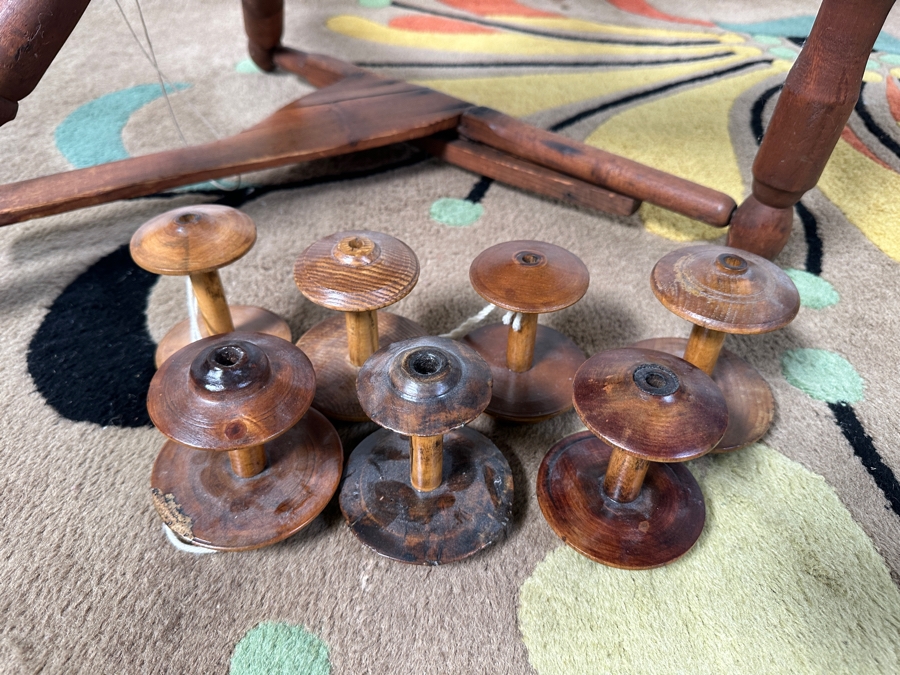 Antique Wooden Spinning Wheel With Multiple Spools 41W X 43H [Photo 5]