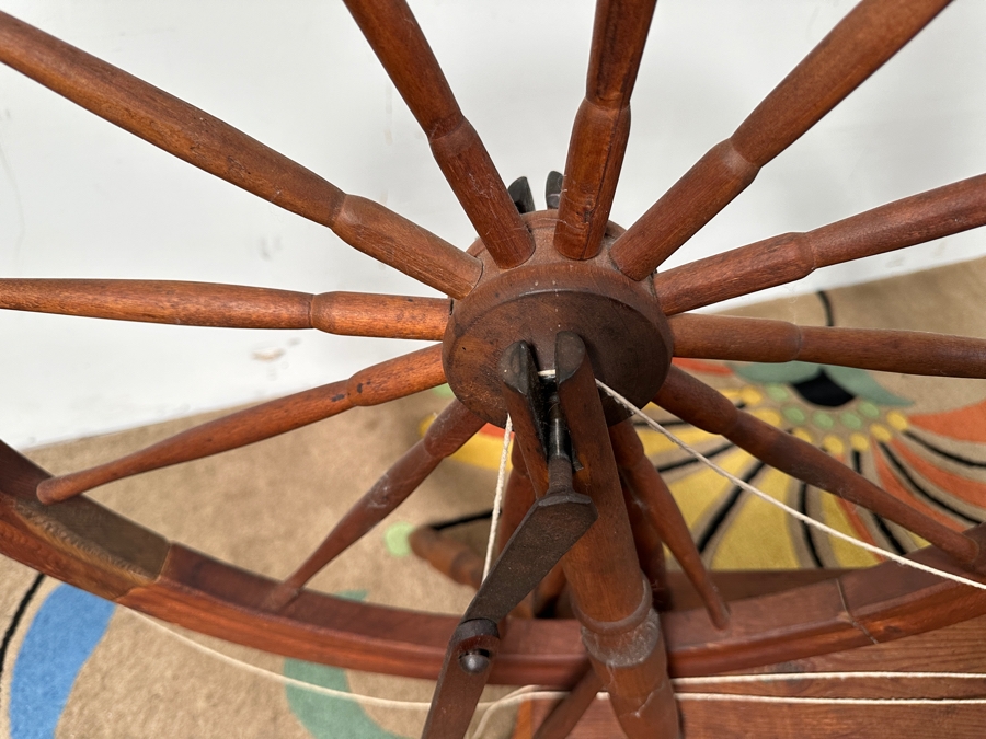 Antique Wooden Spinning Wheel With Multiple Spools 41W X 43H [Photo 3]