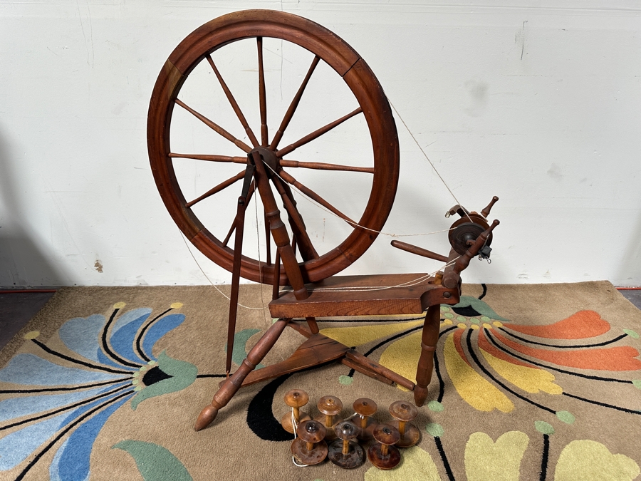 Antique Wooden Spinning Wheel With Multiple Spools 41W X 43H [Photo 2]