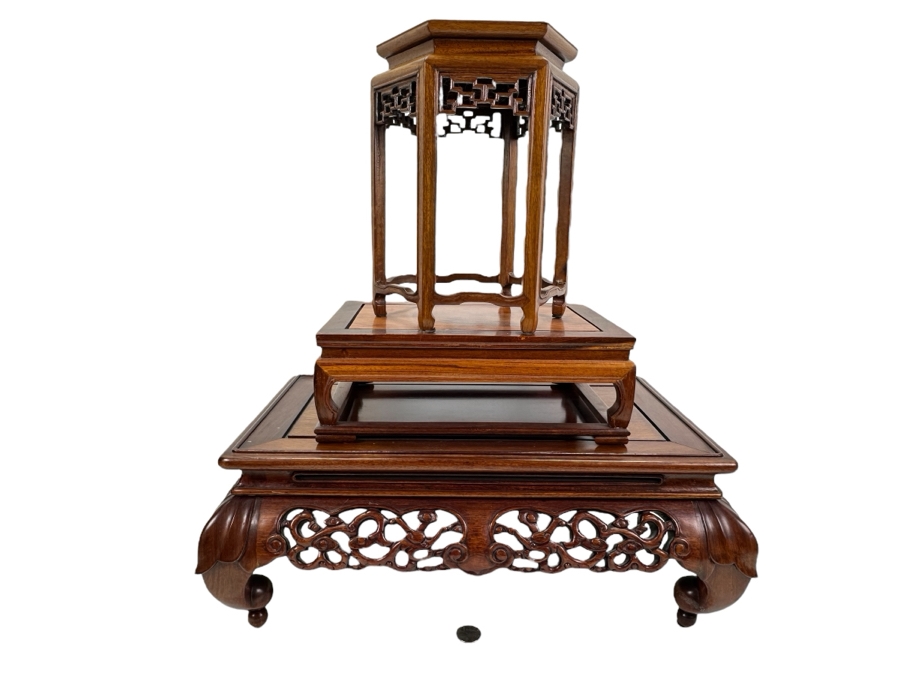 (3) Chinese Wooden Stands: 17.5'W Bottom Stand, 11'W Middle Stand, 9.5'H Top Stand [Photo 1]