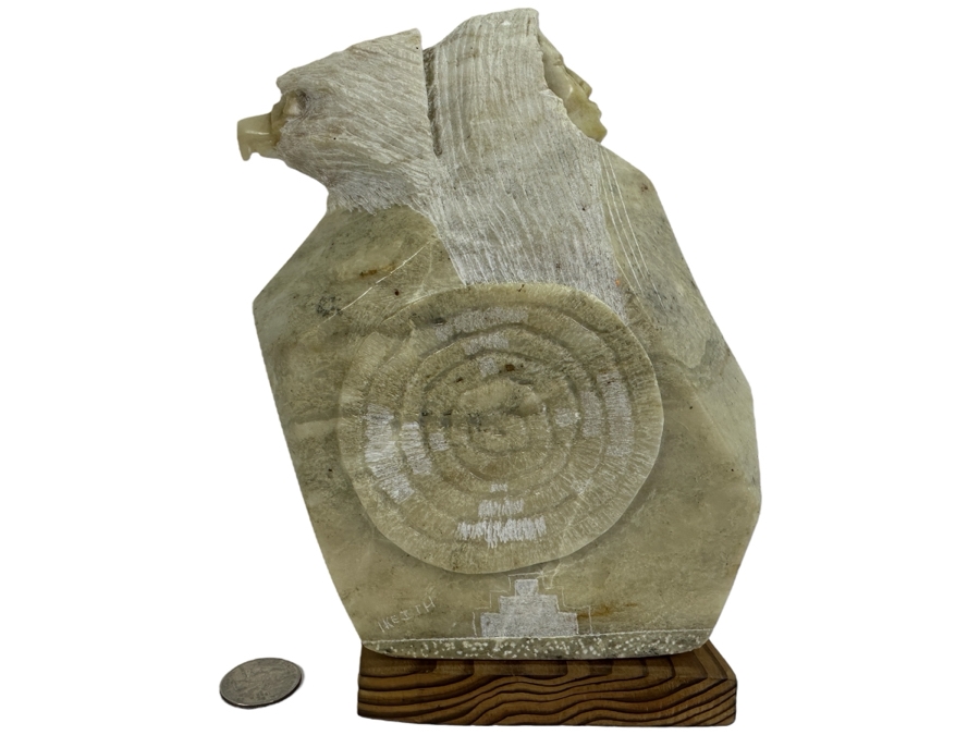 Signed Carved Stone Sculpture Of Man And Eagle 6W X 2.5D X 8H