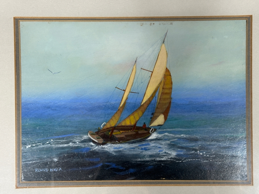 Just Added - Richard Hinger (B. 1937, American) Original Sailboat Painting On Board Titled 'Under Sail' 7 X 5 Framed 15 X 13 [Photo 3]