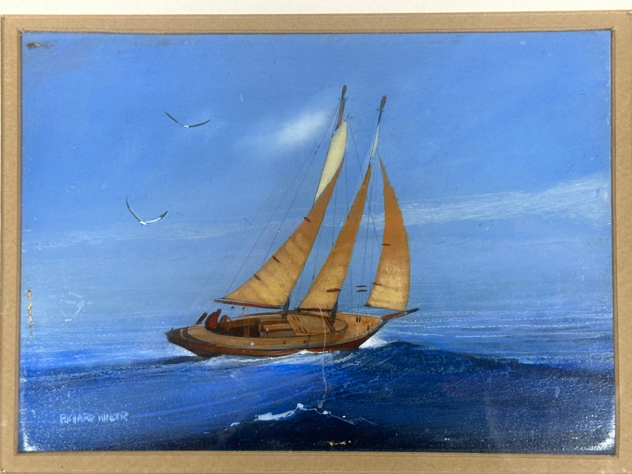 Just Added - Richard Hinger (B. 1937, American) Original Sailboat Painting On Board (Glass Has A Vertical Scratch That Is Showing Up In Photo Near Middle Of Sailboat) 7 X 5 Framed 15 X 13 [Photo 3]