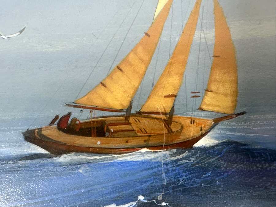 Just Added - Richard Hinger (B. 1937, American) Original Sailboat Painting On Board (Glass Has A Vertical Scratch That Is Showing Up In Photo Near Middle Of Sailboat) 7 X 5 Framed 15 X 13 [Photo 5]