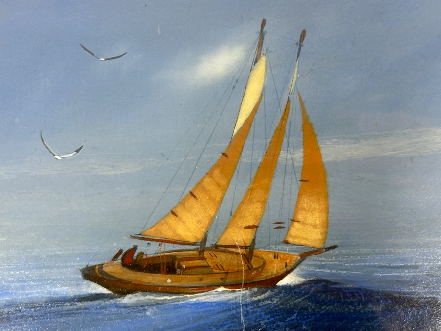 Just Added - Richard Hinger (B. 1937, American) Original Sailboat Painting On Board (Glass Has A Vertical Scratch That Is Showing Up In Photo Near Middle Of Sailboat) 7 X 5 Framed 15 X 13 [Photo 4]