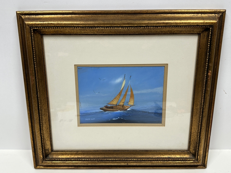 Just Added - Richard Hinger (B. 1937, American) Original Sailboat Painting On Board (Glass Has A Vertical Scratch That Is Showing Up In Photo Near Middle Of Sailboat) 7 X 5 Framed 15 X 13 [Photo 2]