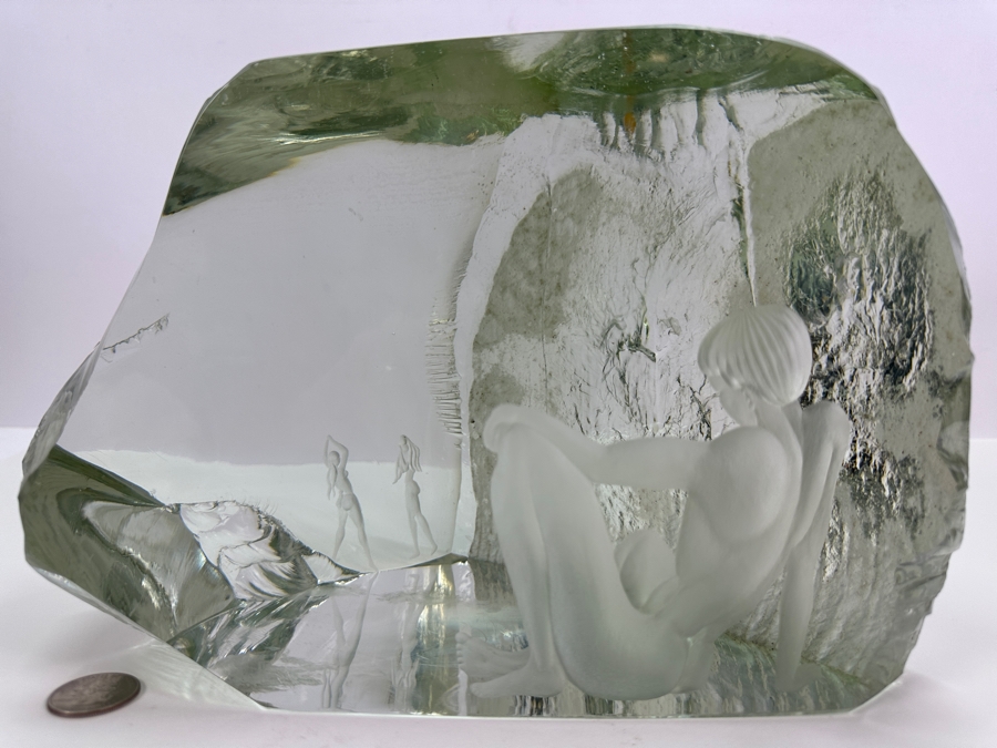 Just Added - John-Orwar Lake (1921-2007, Swedish) Vintage MCM Swedish Ekenas Glass Large Engraved Art Glass Sculpture Signed J. O. Lake 12W X 8D X 8H [Photo 8]