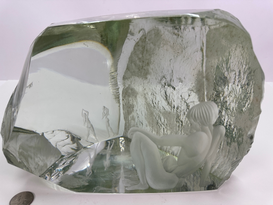 Just Added - John-Orwar Lake (1921-2007, Swedish) Vintage MCM Swedish Ekenas Glass Large Engraved Art Glass Sculpture Signed J. O. Lake 12W X 8D X 8H [Photo 7]