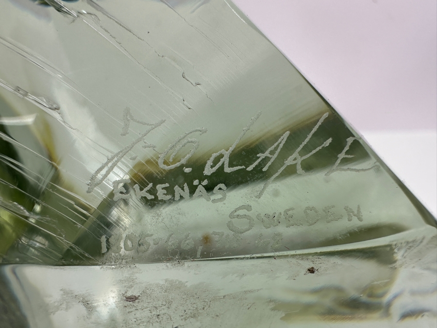 Just Added - John-Orwar Lake (1921-2007, Swedish) Vintage MCM Swedish Ekenas Glass Large Engraved Art Glass Sculpture Signed J. O. Lake 12W X 8D X 8H [Photo 9]