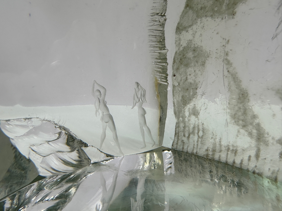 Just Added - John-Orwar Lake (1921-2007, Swedish) Vintage MCM Swedish Ekenas Glass Large Engraved Art Glass Sculpture Signed J. O. Lake 12W X 8D X 8H [Photo 5]