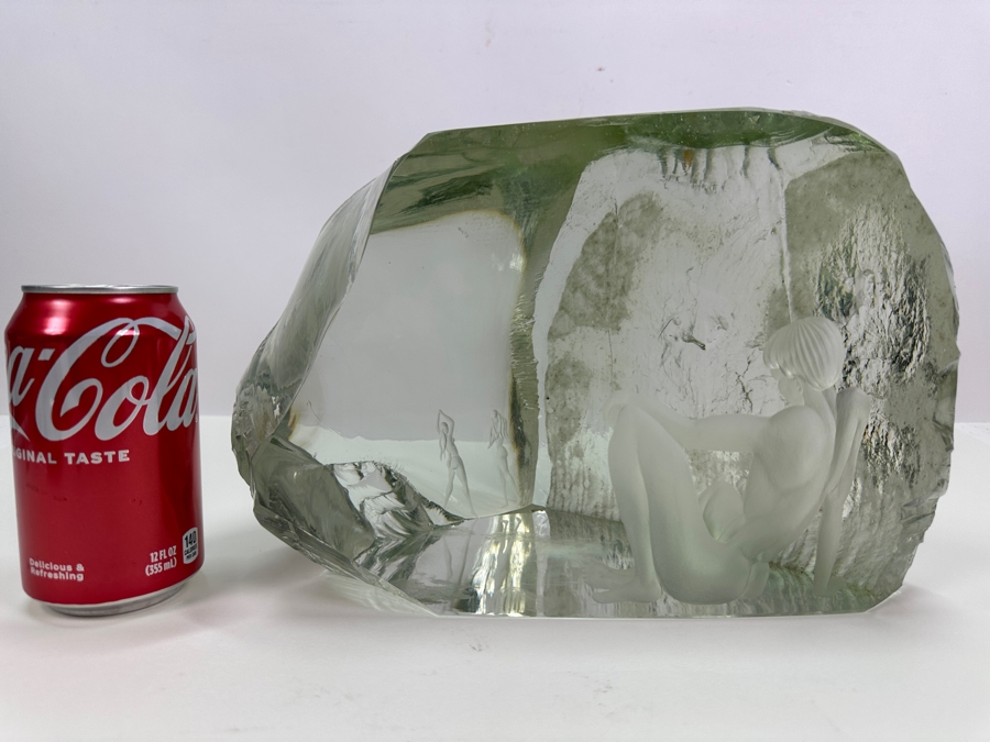 Just Added - John-Orwar Lake (1921-2007, Swedish) Vintage MCM Swedish Ekenas Glass Large Engraved Art Glass Sculpture Signed J. O. Lake 12W X 8D X 8H [Photo 3]