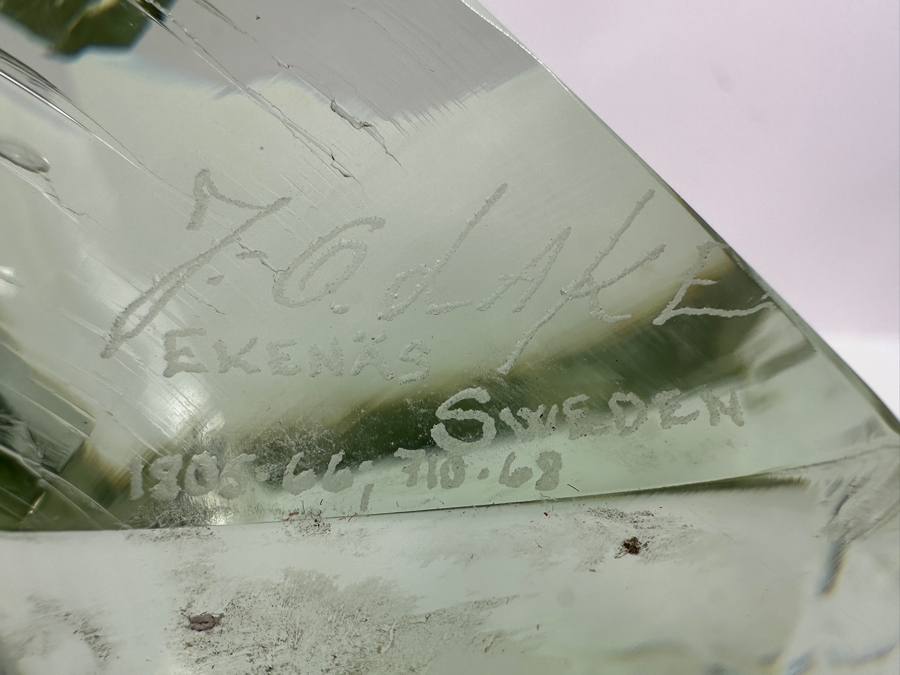 Just Added - John-Orwar Lake (1921-2007, Swedish) Vintage MCM Swedish Ekenas Glass Large Engraved Art Glass Sculpture Signed J. O. Lake 12W X 8D X 8H [Photo 10]