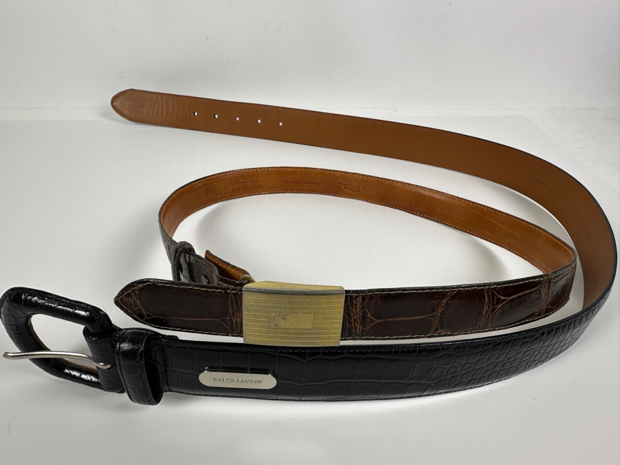 Just Added - Pair Of Women's Ralph Lauren Belts: Genuine Alligator Size 28 (Top) And Black Leather Belt (Bottom) [Photo 2]