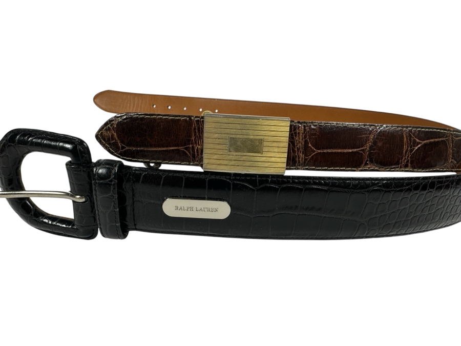 Just Added - Pair Of Women's Ralph Lauren Belts: Genuine Alligator Size 28 (Top) And Black Leather Belt (Bottom) [Photo 1]