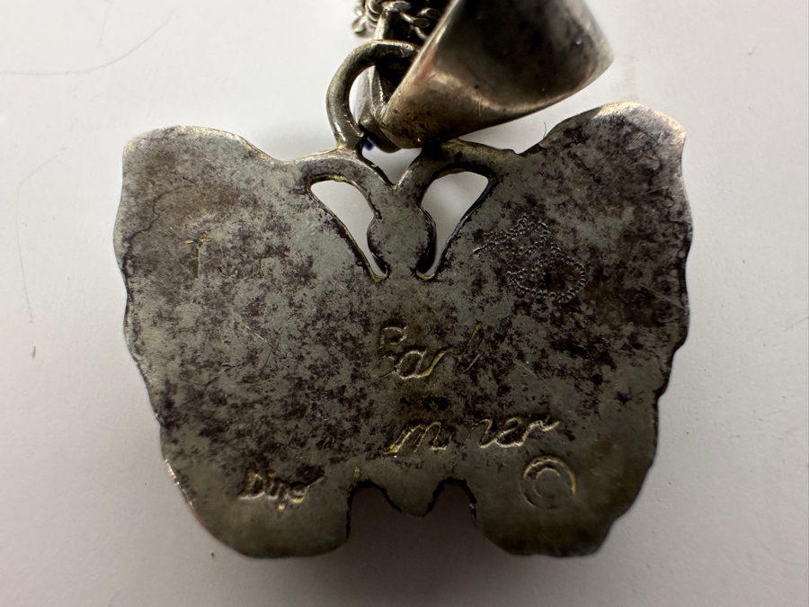 Just Added - Native American Sterling Silver Inlaid Stones Butterfly Pendant With 18' Sterling Silver Necklace 8.2g [Photo 4]