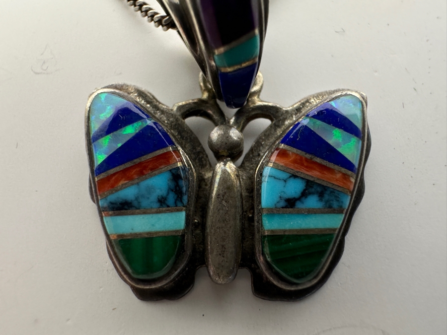 Just Added - Native American Sterling Silver Inlaid Stones Butterfly Pendant With 18' Sterling Silver Necklace 8.2g [Photo 2]