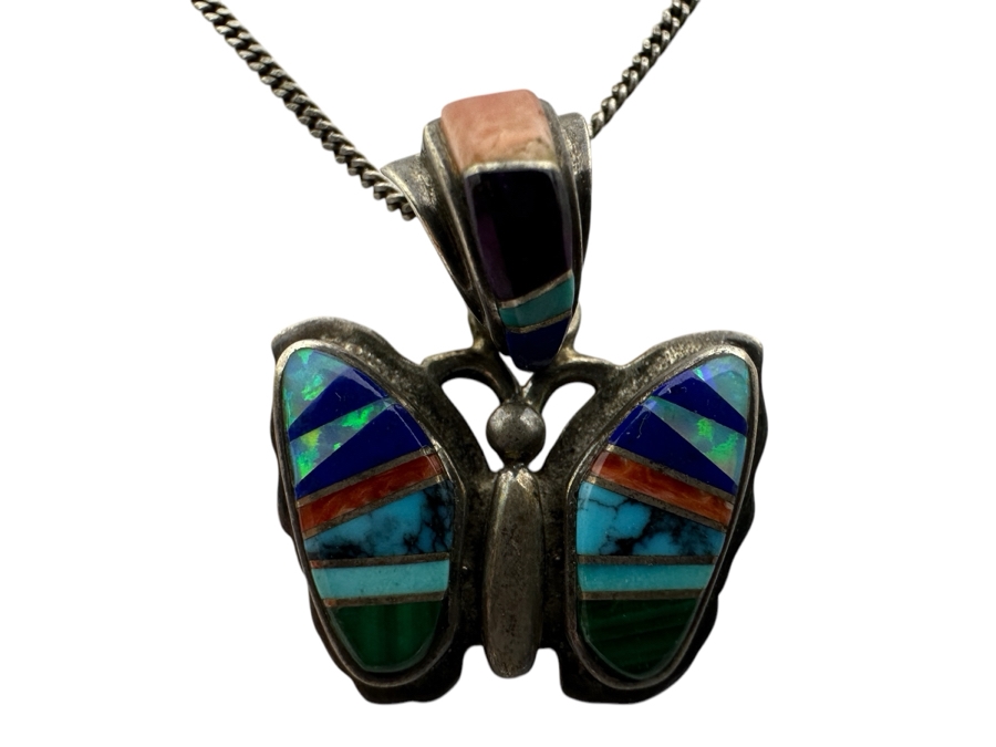Just Added - Native American Sterling Silver Inlaid Stones Butterfly Pendant With 18' Sterling Silver Necklace 8.2g [Photo 1]