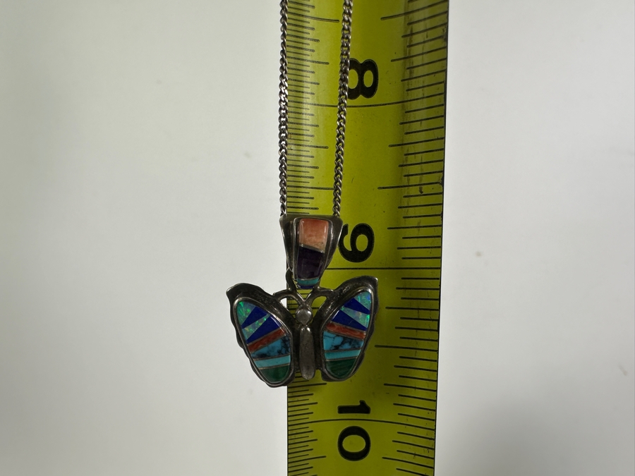 Just Added - Native American Sterling Silver Inlaid Stones Butterfly Pendant With 18' Sterling Silver Necklace 8.2g [Photo 6]