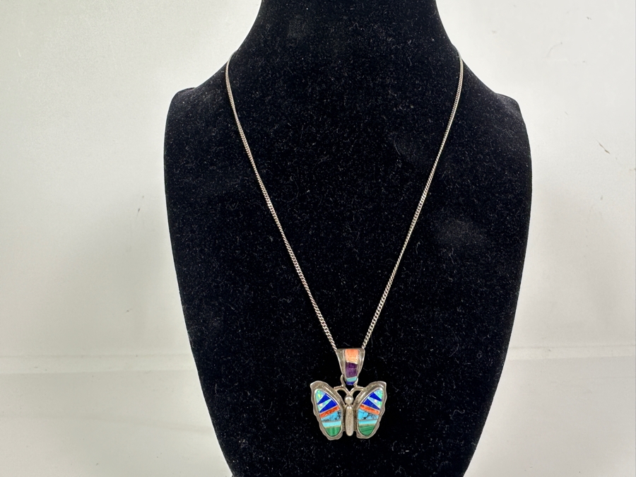 Just Added - Native American Sterling Silver Inlaid Stones Butterfly Pendant With 18' Sterling Silver Necklace 8.2g [Photo 5]