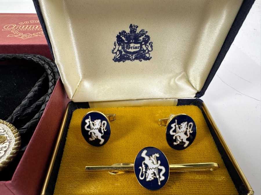 Just Added - Sterling Silver Cufflinks 16.2g (L), Crumrine Bolo Tie (M) & Briar Cufflinks And Tie Clip (R) [Photo 8]