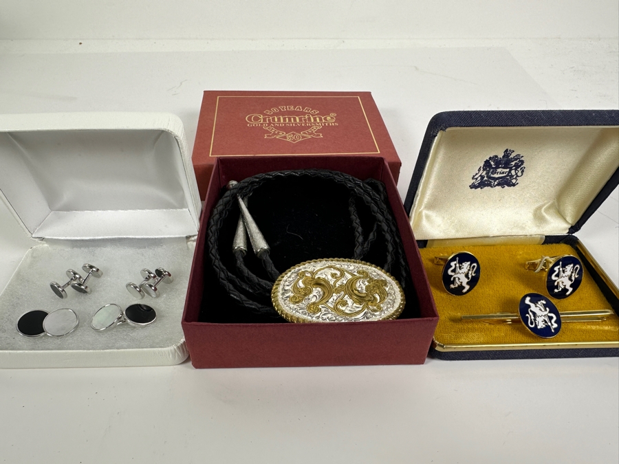 Just Added - Sterling Silver Cufflinks 16.2g (L), Crumrine Bolo Tie (M) & Briar Cufflinks And Tie Clip (R) [Photo 1]