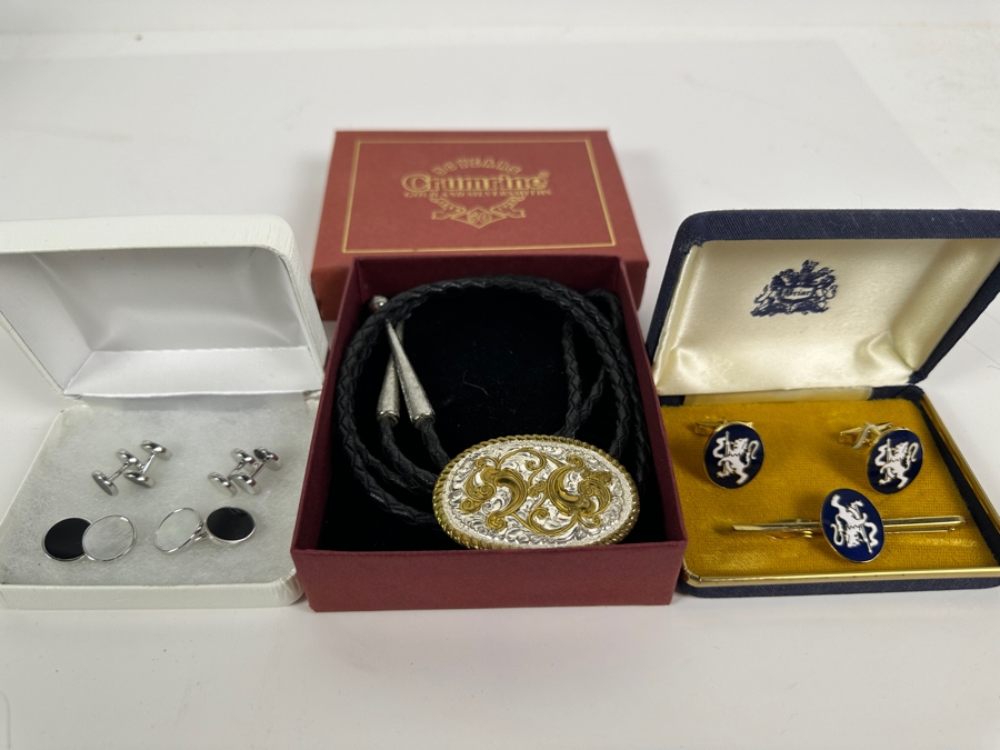 Just Added - Sterling Silver Cufflinks 16.2g (L), Crumrine Bolo Tie (M) & Briar Cufflinks And Tie Clip (R) [Photo 2]