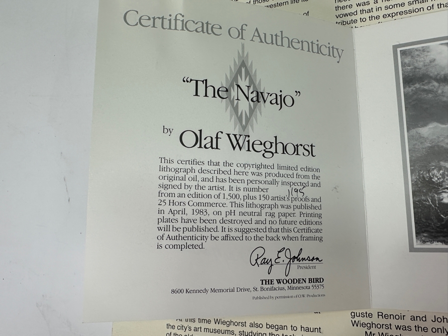 Olaf Wieghorst (1899-1988, American) Hand Signed Limited Edition Print Titled 'The Navajo' With C.O.A. Hand Signed Lower Left And Numbered 1195 Of 1500 20' X 22' Framed 29.5 X 31.5 [Photo 15]